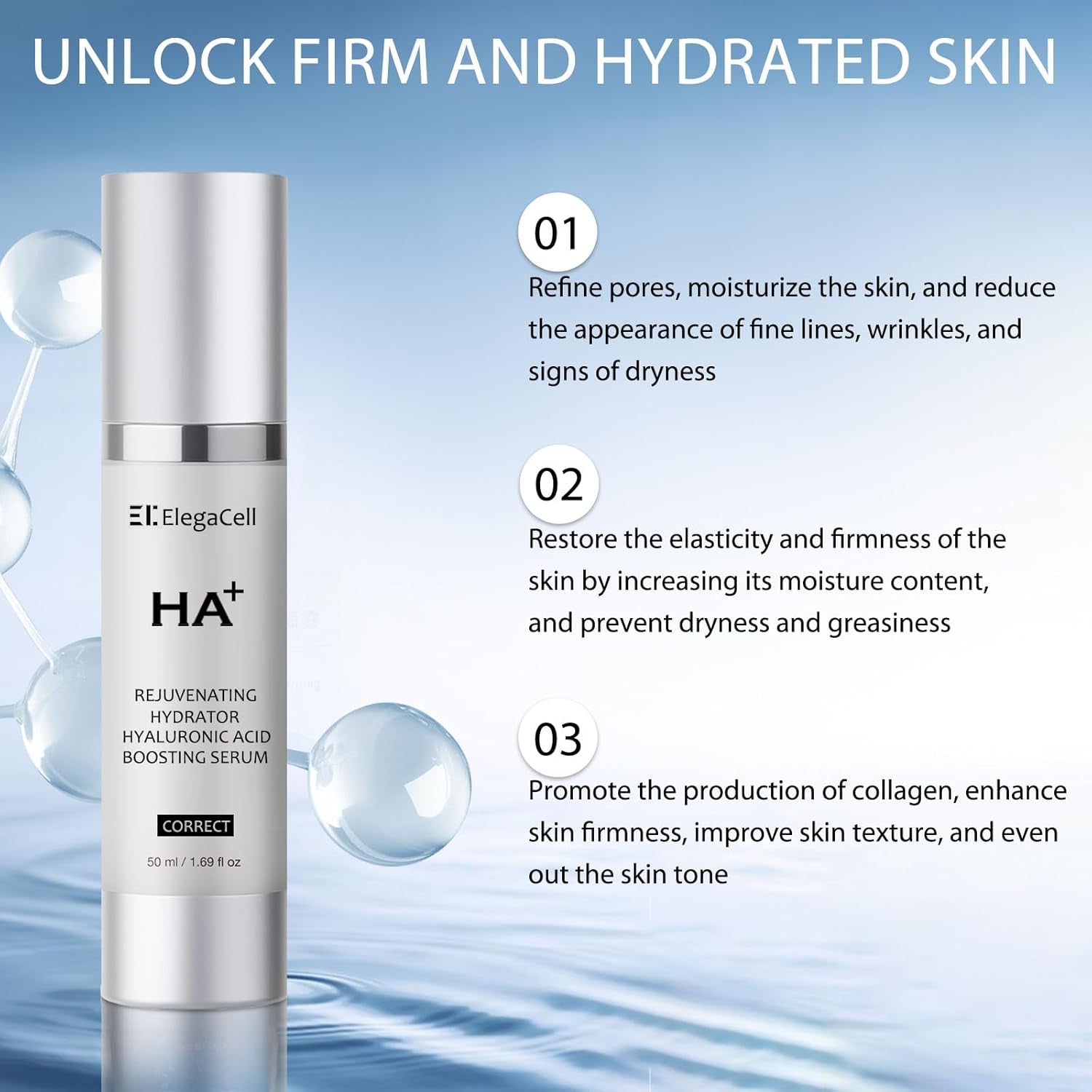 HACIRFE ElegaCell HA+ Rejuvenating Hydrator Hyaluronic Acid Boosting Serum – 50ml | 24-Hour Hydration & Fine Line Smoothing