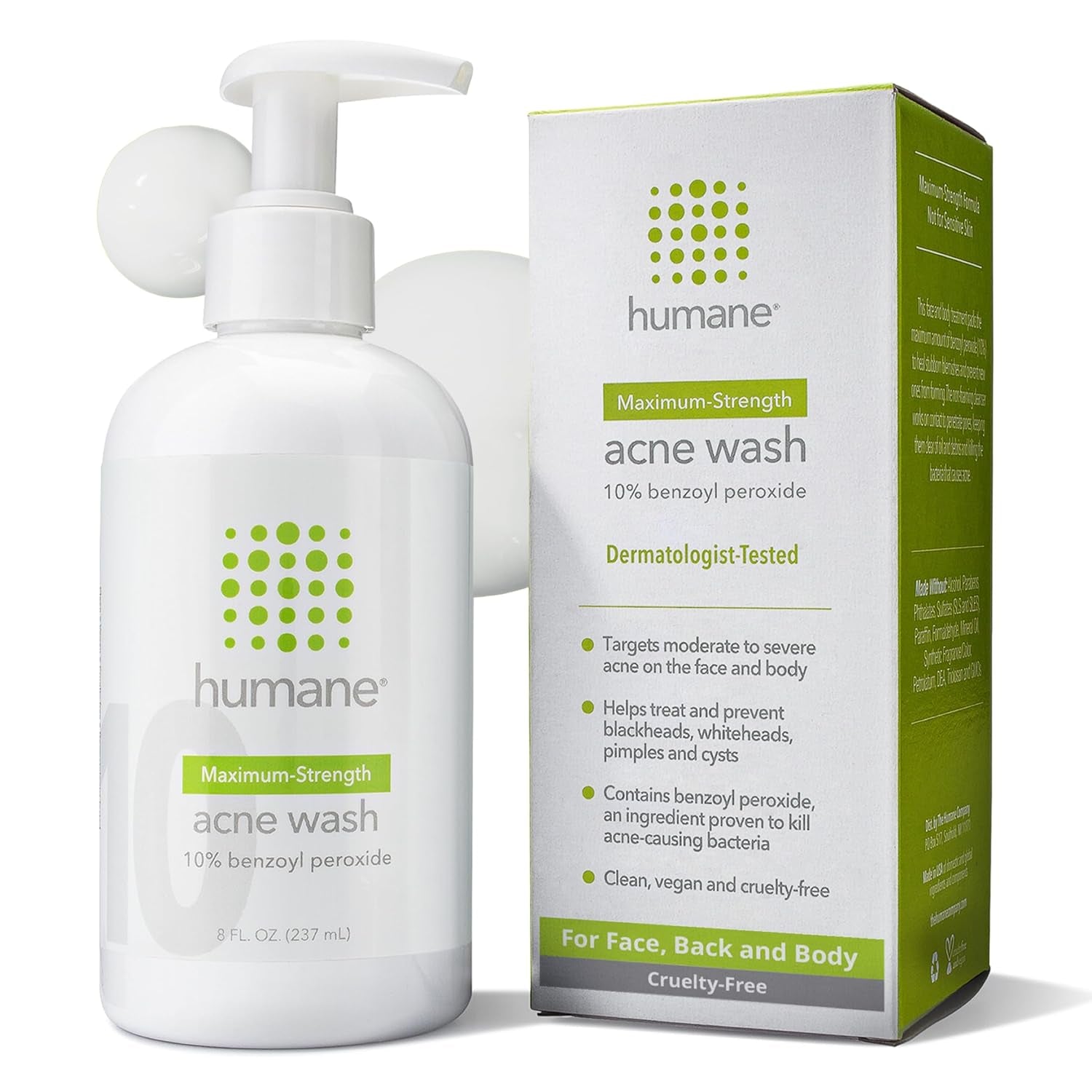 Humane Maximum-Strength Acne Wash 237ml | 10% Benzoyl Peroxide Face & Body Cleanser for Stubborn Acne