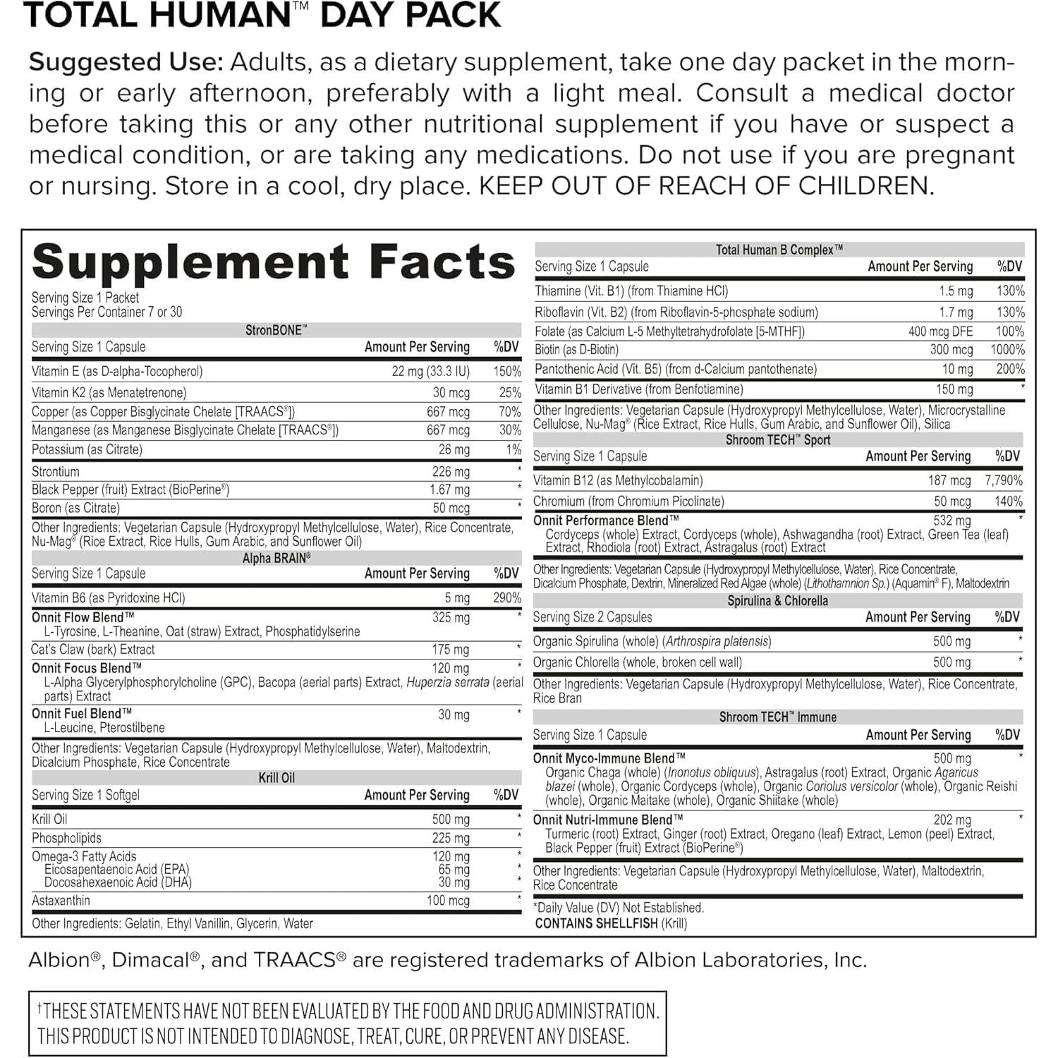 ONNIT Total Human Complete Supplement Packs – 60 Packets, 30-Day Supply | Day & Night Vitamins for Focus, Energy, Sleep & Immune Support
