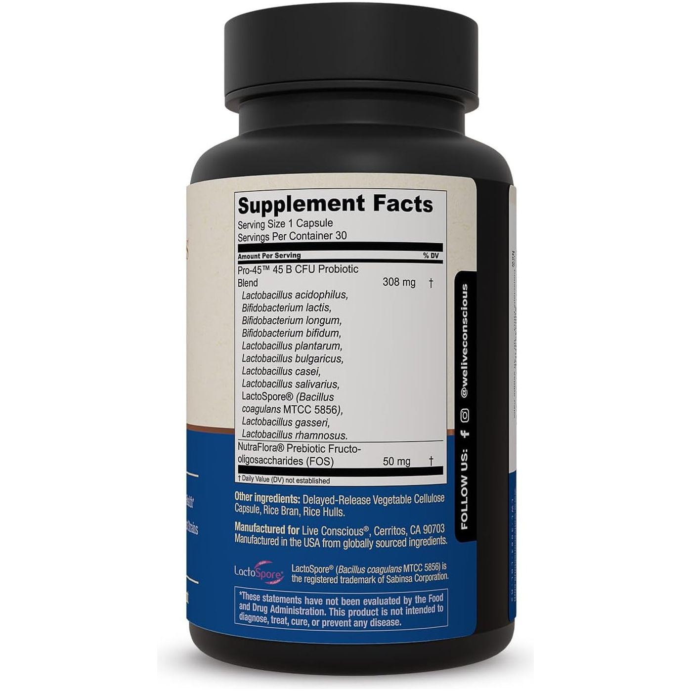 Live Conscious Potent Probiotics PRO-45 30 Capsules | 45 Billion CFU for Digestive, Immune & Gut-Brain Health