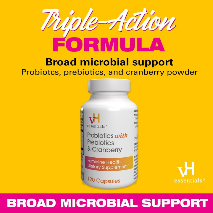 vH essentials Probiotics with Prebiotics & Cranberry – 120 Capsules | Triple-Action Feminine & Urinary Tract Health Support