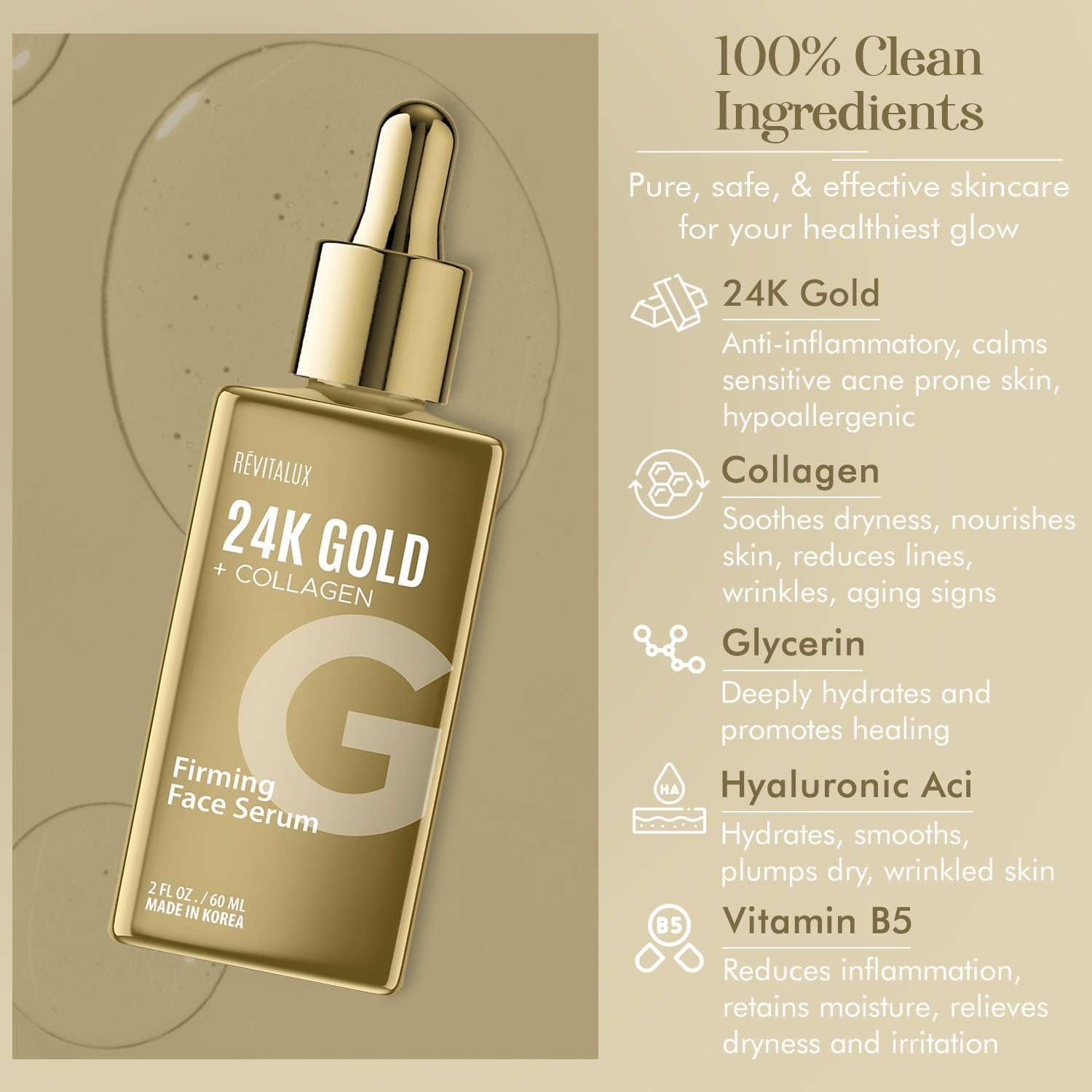 RevitaLux 24K Gold + Collagen Firming Face Serum 60 ml | Hydrates, Firms & Brightens with Korean Skincare Excellence