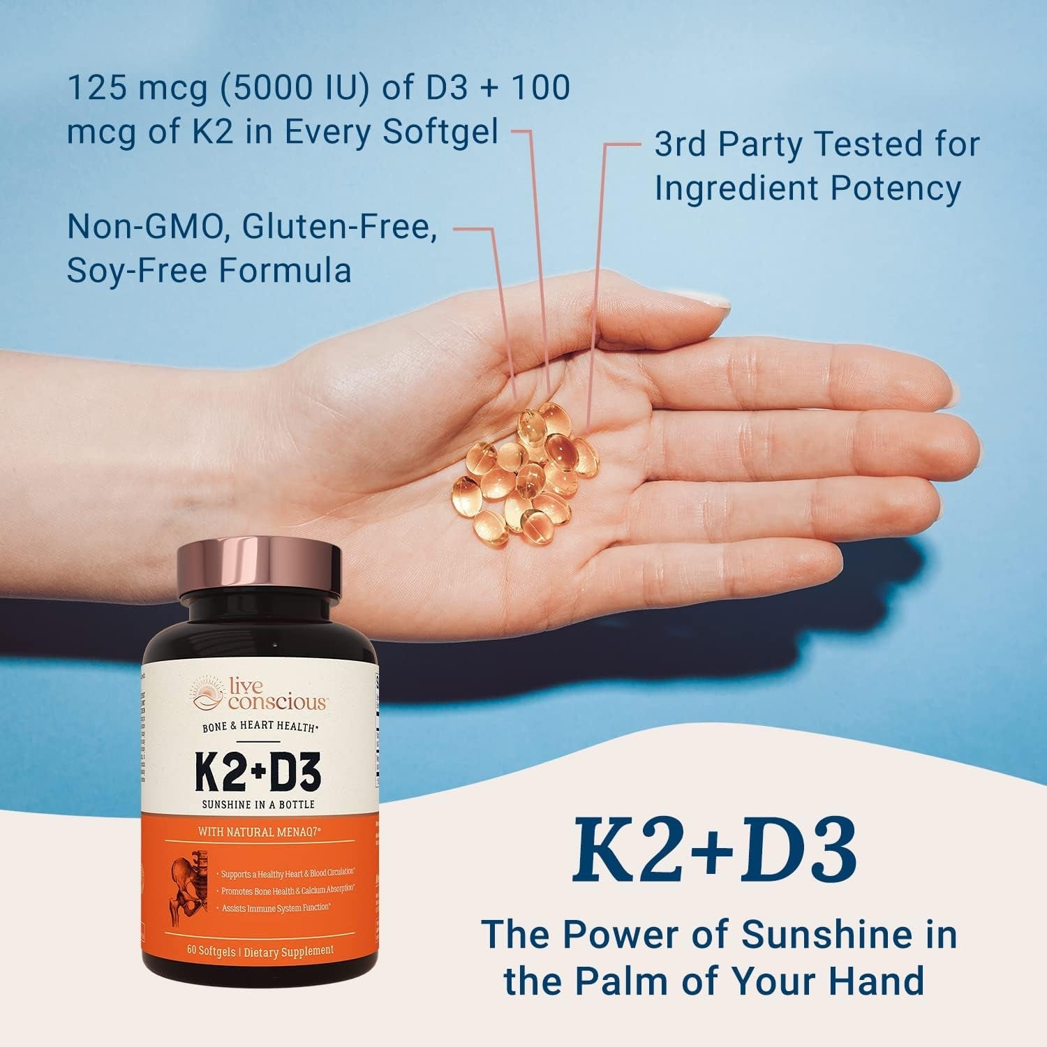 Live Conscious K2 + D3 Supplement 60 Softgels | Bone Strength, Heart Health & Immune Support