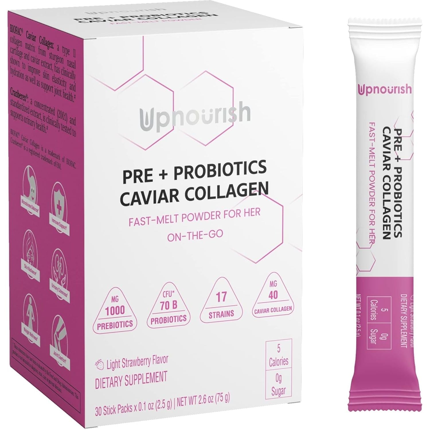 UpNourish Pre + Probiotics Caviar Collagen - 30 Stick Packs | Women's All-in-One Gut, Skin & Beauty Supplement
