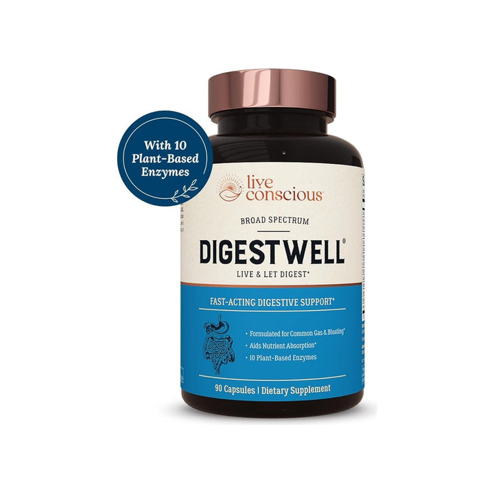 Live Conscious DigestWell 90 Capsules | Advanced Enzyme & Probiotic Blend for Gut Health, Gas & Bloating Relief