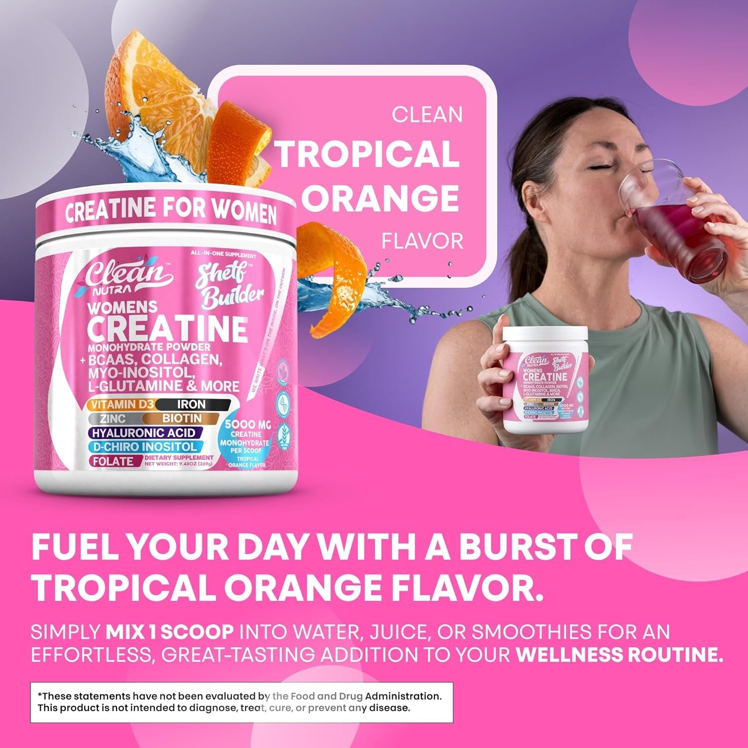 Clean Nutraceuticals Women’s Creatine – 269g | Tropical Orange With Creatine, Collagen, BCAAs, Biotin & Vitamins for Muscle, Recovery & Radiance