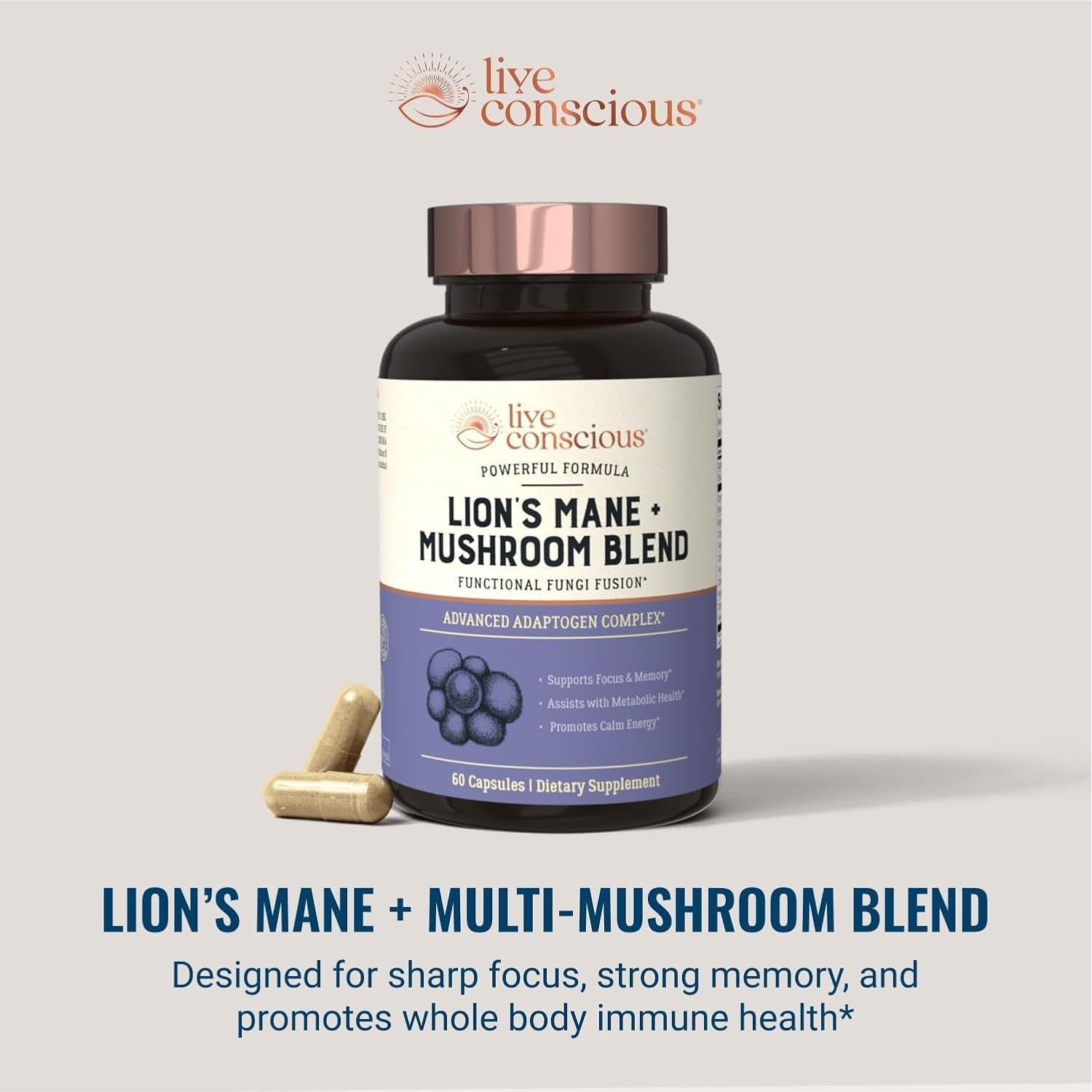 Live Conscious Lion’s Mane + Mushroom Blend 60 Capsules | Focus, Memory & Immune Support