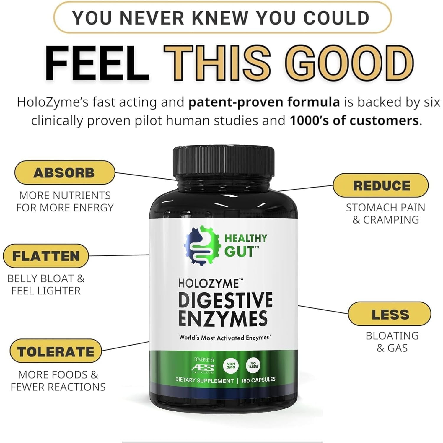 Healthy Gut HoloZyme Digestive Enzymes – 180 Capsules (90 Servings) | Clinically Proven Relief for Bloating, Gas & Gut Discomfort