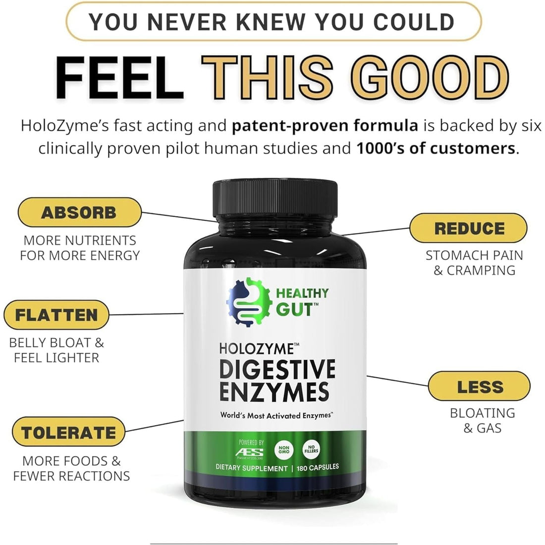 Healthy Gut HoloZyme Digestive Enzymes – 180 Capsules (90 Servings) | Clinically Proven Relief for Bloating, Gas & Gut Discomfort