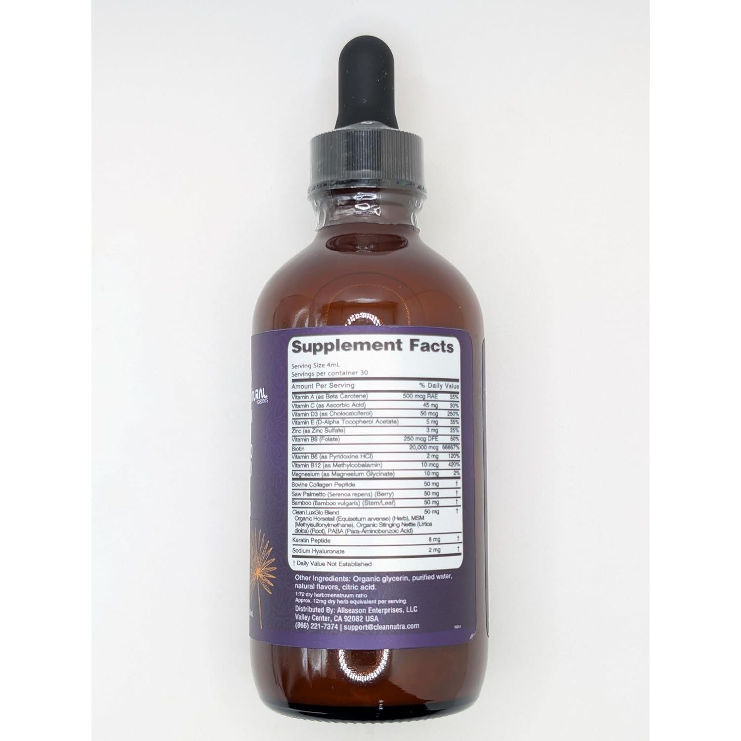 Clean Nutraceuticals LuxGlo All-in-One Multi-Herbal Supplement - 120ml | Liquid Biotin, Collagen, Hyaluronic Acid & More for Radiant Hair, Skin & Nails