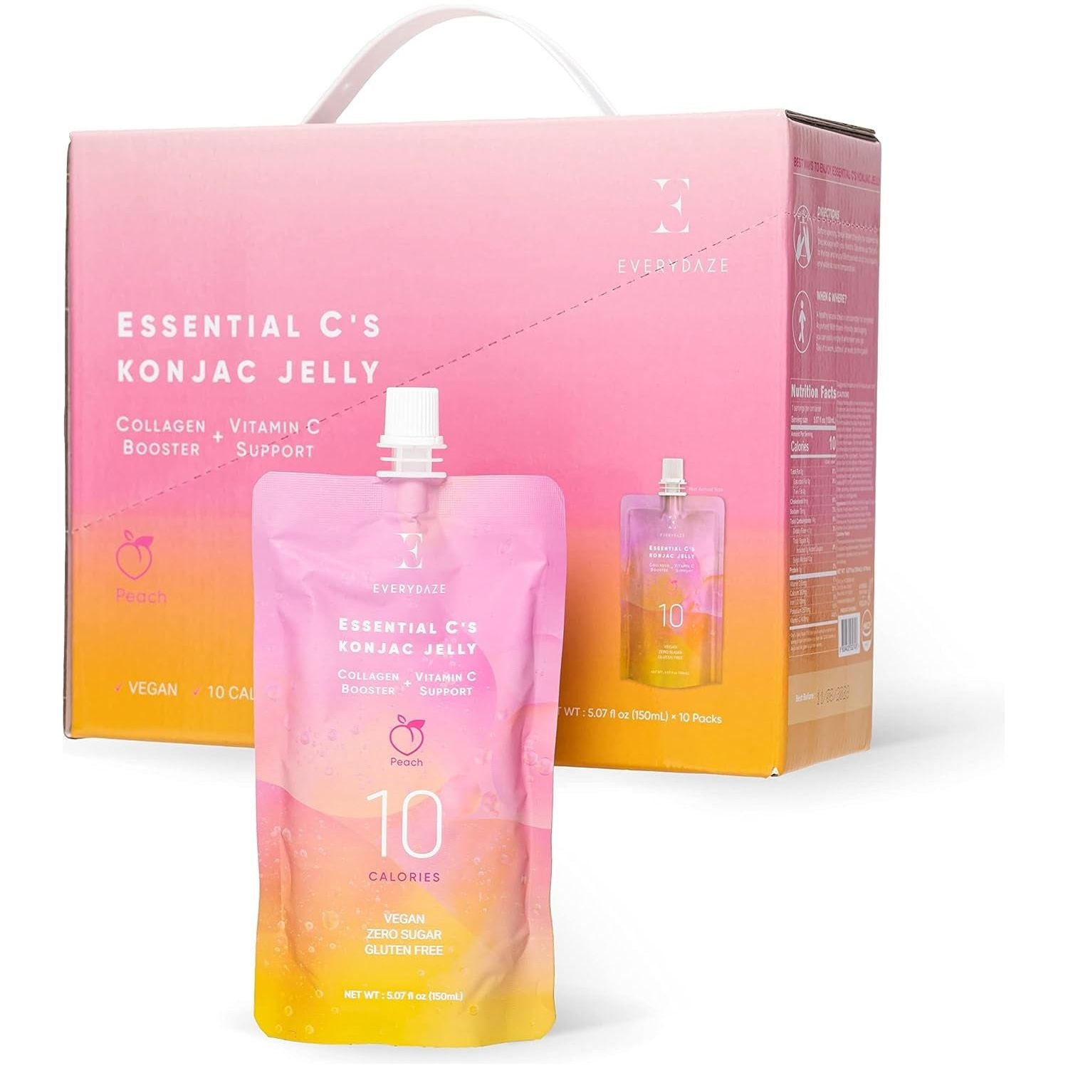 EVERYDAZE Essential C’s Konjac Jelly – Peach Flavor (150ml, 10-Pack) Low-Calorie, Collagen & Vitamin C Infused Snack