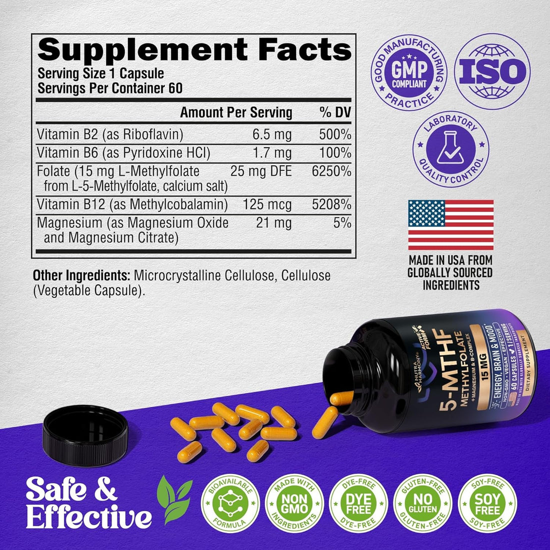 NUTRAHARMONY 5-MTHF Methylfolate Supplement 60 Capsules | High-Potency Active B9 with B2, B6, B12 & Magnesium