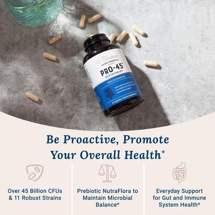 Live Conscious Potent Probiotics PRO-45 30 Capsules | 45 Billion CFU for Digestive, Immune & Gut-Brain Health
