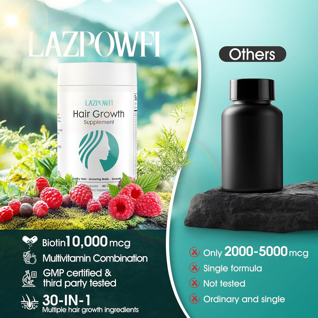 Lazpowfi Hair Growth Supplement 120 Capsules 30-in-1 Advanced Formula for Thicker, Healthier Hair