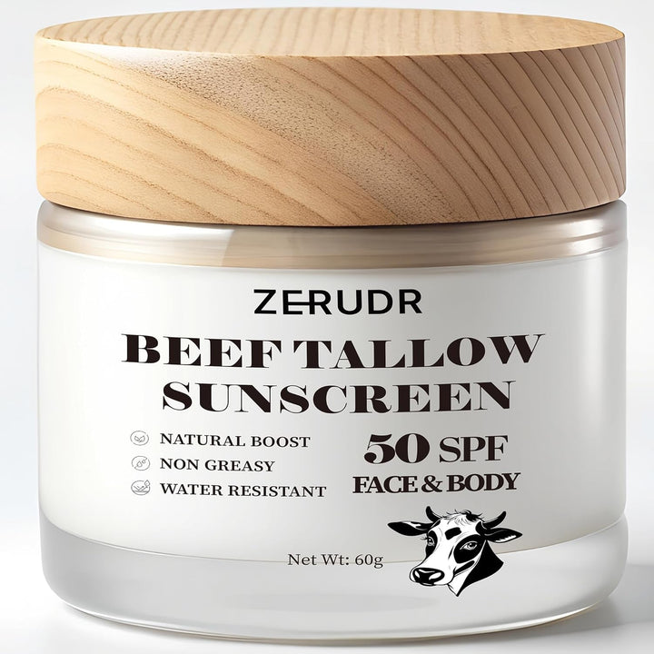 ZERUDR Beef Tallow Sunscreen SPF 50 – 60g | Non-Toxic, Water-Resistant Sun Protection for Sensitive Skin