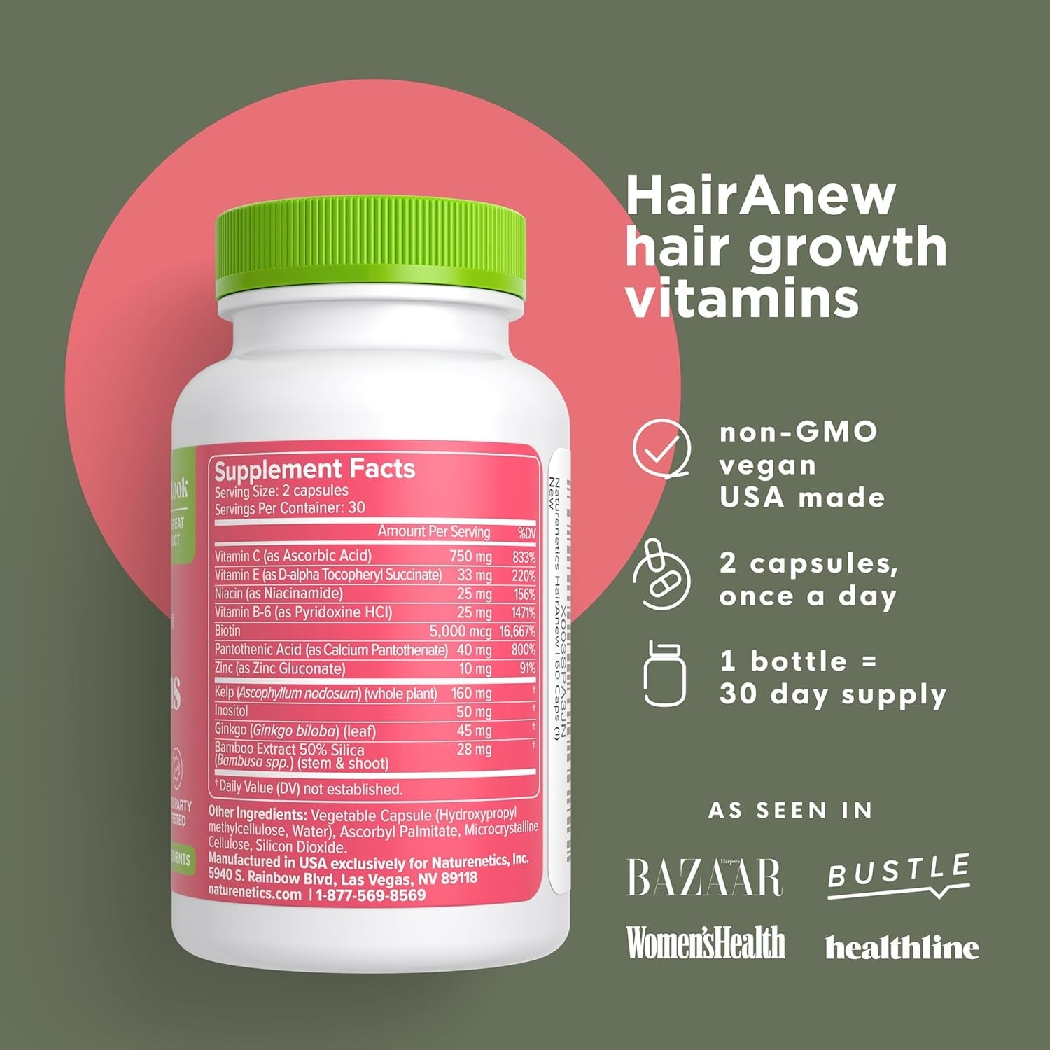 Naturenetics Hairanew Hair Vitamins 60 Capsules | Award-Winning Biotin Formula for Stronger, Fuller Hair