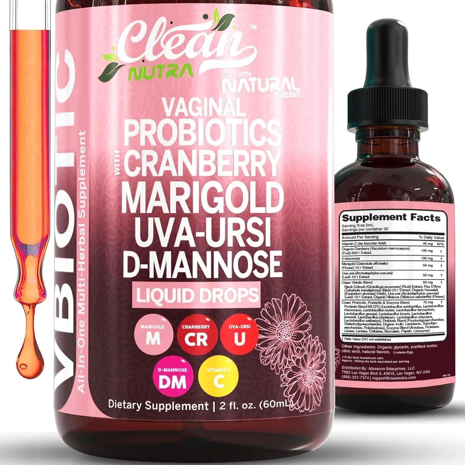 Clean Nutraceuticals Vaginal Probiotic Drops - 60ml | D-Mannose, Cranberry, Uva Ursi & Black Cohosh for Urinary, Vaginal & Hormonal Health Clean Nutraceuticals