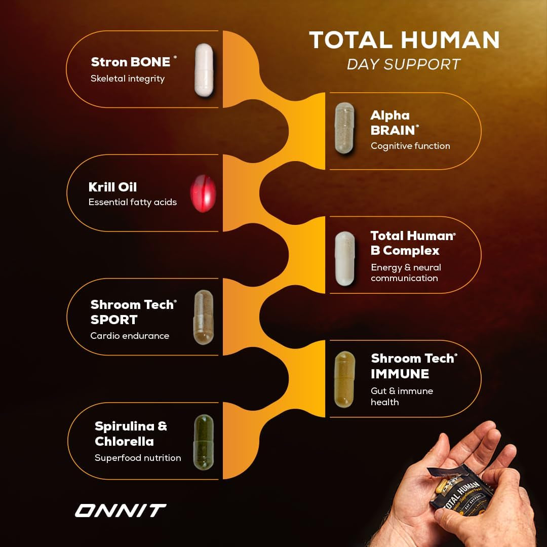 ONNIT Total Human Complete Supplement Packs – 60 Packets, 30-Day Supply | Day & Night Vitamins for Focus, Energy, Sleep & Immune Support