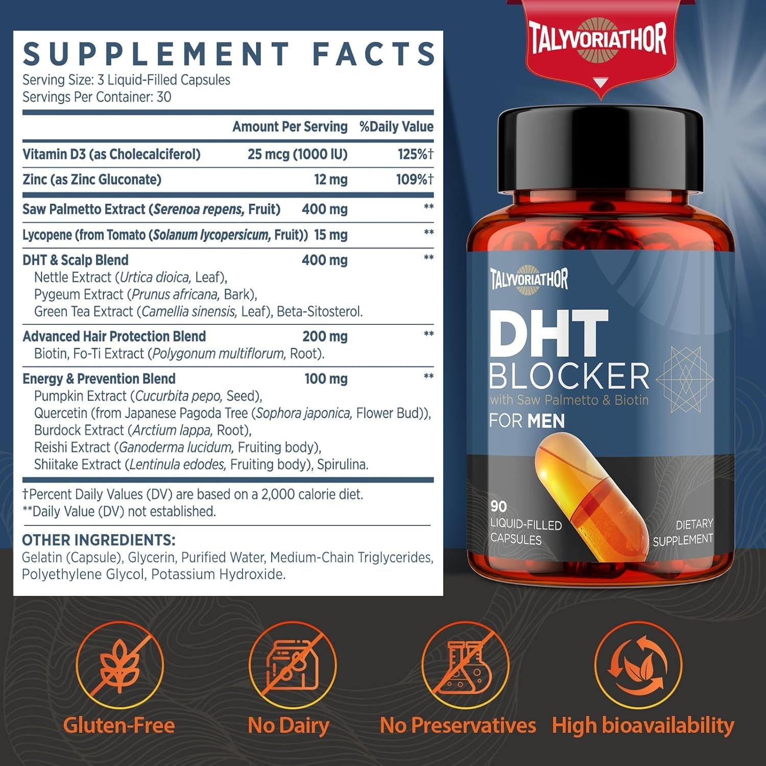 Talyvoriathor DHT Blocker with Saw Palmetto & Biotin for Men 90 Capsules | Supports Hair Growth, Thicker Hair & Scalp Health