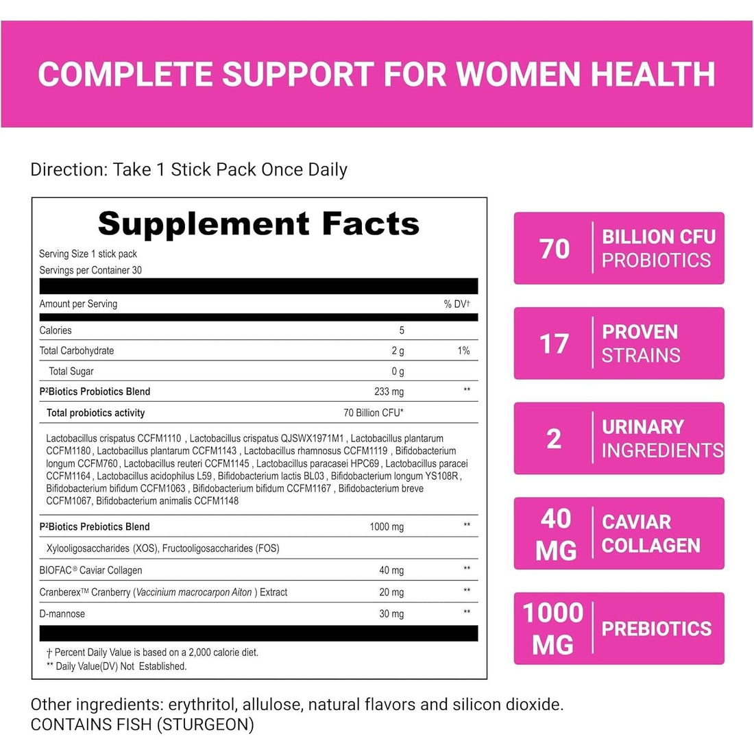 UpNourish Pre + Probiotics Caviar Collagen - 30 Stick Packs | Women's All-in-One Gut, Skin & Beauty Supplement