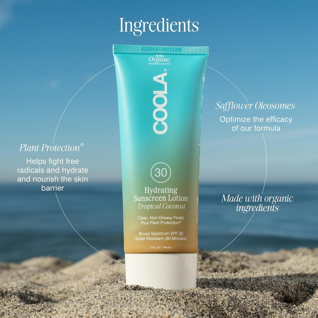 COOLA Hydrating Sunscreen Lotion SPF 30 Tropical Coconut 148ml | Organic, Reef-Friendly Sun Protection for Body