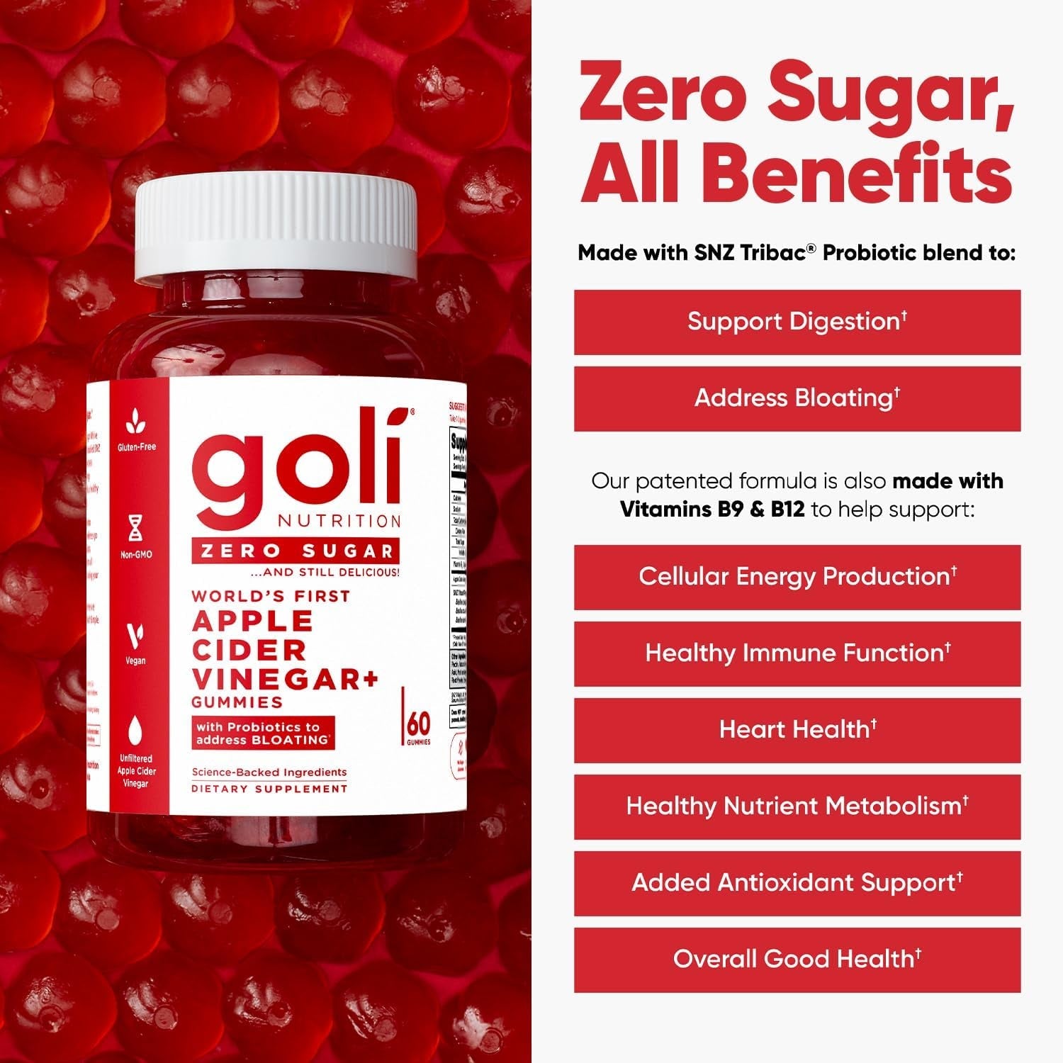 Goli Zero Sugar Apple Cider Vinegar Gummies 60 Gummies | Gut Health, Bloating Relief & Energy Support