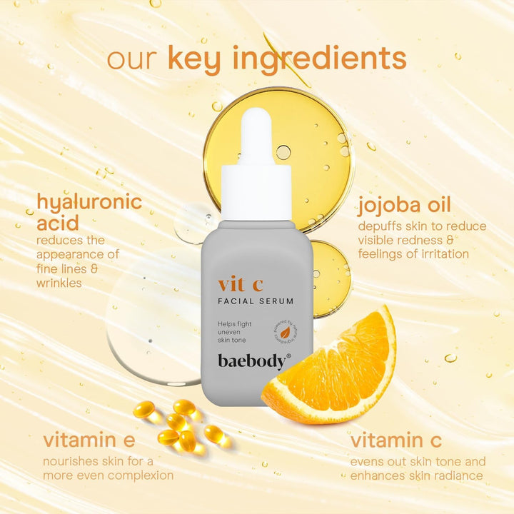 Baebody Vitamin C Face Serum 30ml | Brightening Serum for Dark Spots & Dull Skin | Hyaluronic Acid + Antioxidants | Made in USA