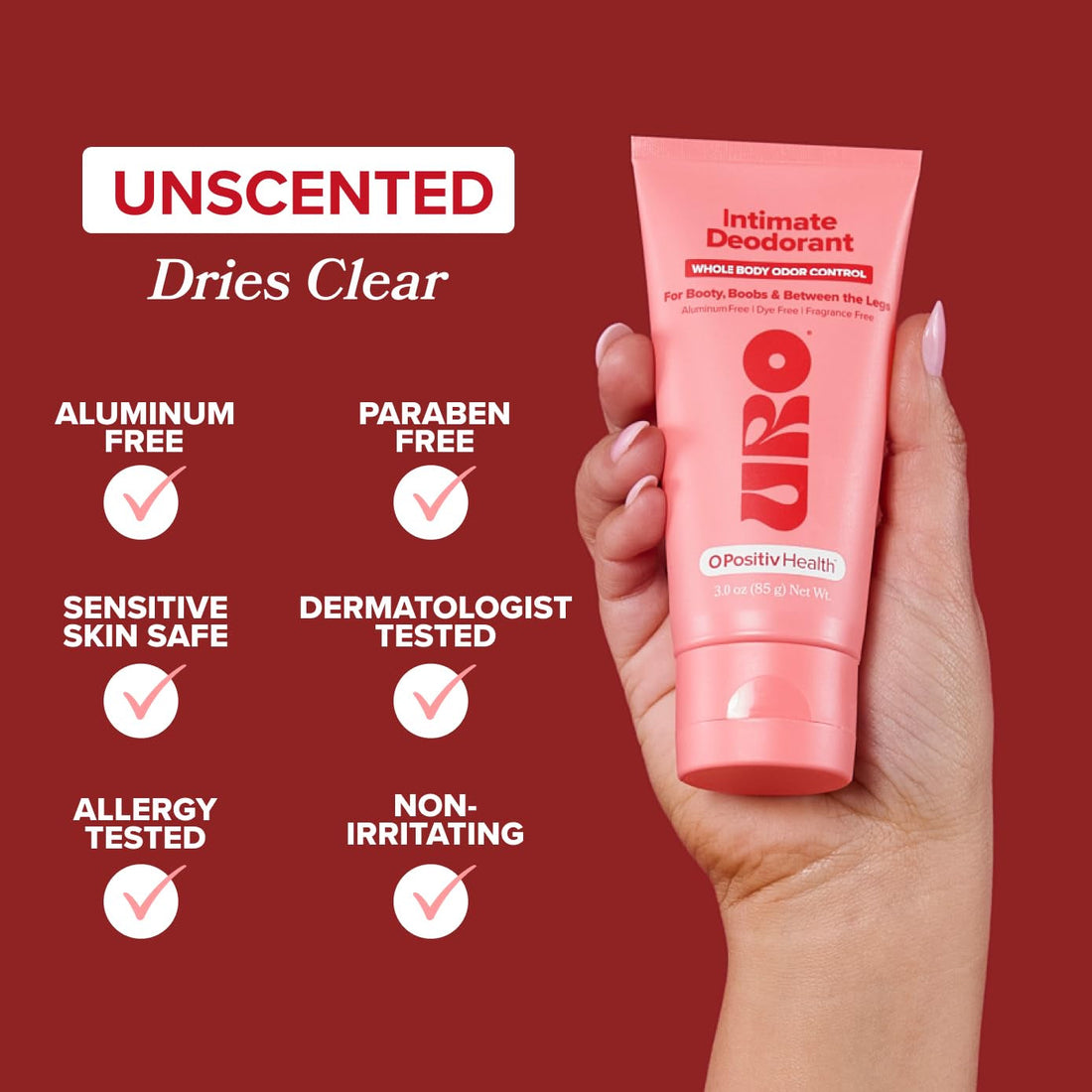 O Positiv URO Intimate Deodorant – 85g | Aluminum-Free, Unscented Whole Body Odor Control for Sensitive Skin