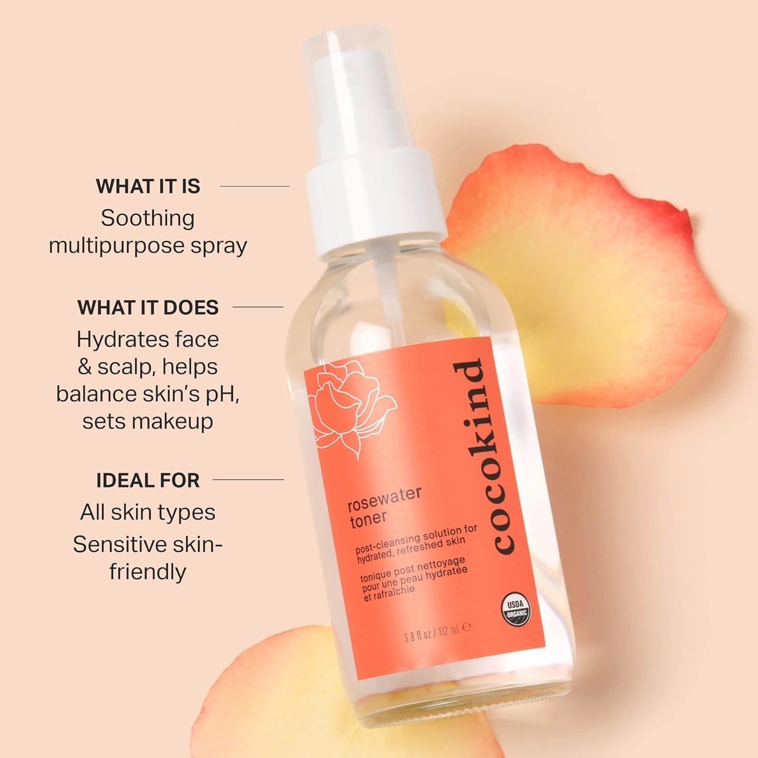 Cocokind Rosewater Toner - 112ml | Hydrating, pH-Balancing Mist for Face & Scalp