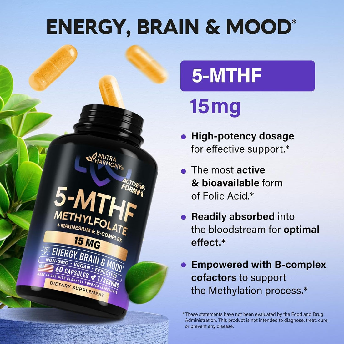 NUTRAHARMONY 5-MTHF Methylfolate Supplement 60 Capsules | High-Potency Active B9 with B2, B6, B12 & Magnesium