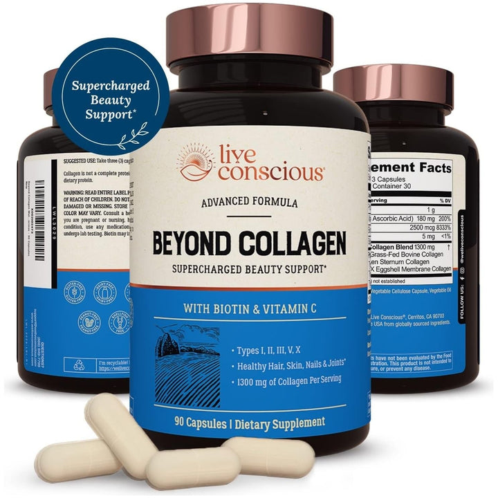 Live Conscious Beyond Collagen Supercharged 90 Capsules | 5 Collagen Types + Biotin & Vitamin C |  Unlock your most radiant beauty from within.