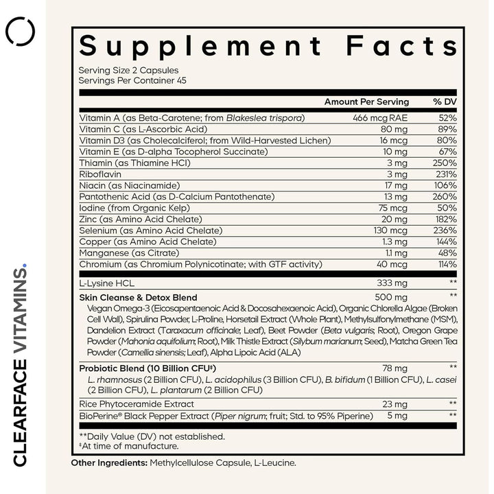 Codeage Clearface Vitamins+ (Black) – 90 Capsules | Hormonal Acne, Gut & Skin Support with Probiotics, Omega-3 & Skin Nutrients