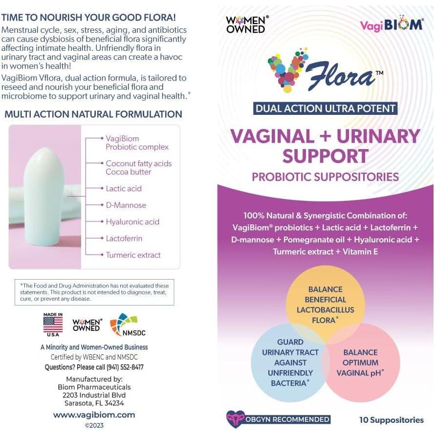 VagiBiom VFlora Dual Action Ultra Potent Vaginal + Urinary Support Probiotic Suppositories - 10 Suppositories