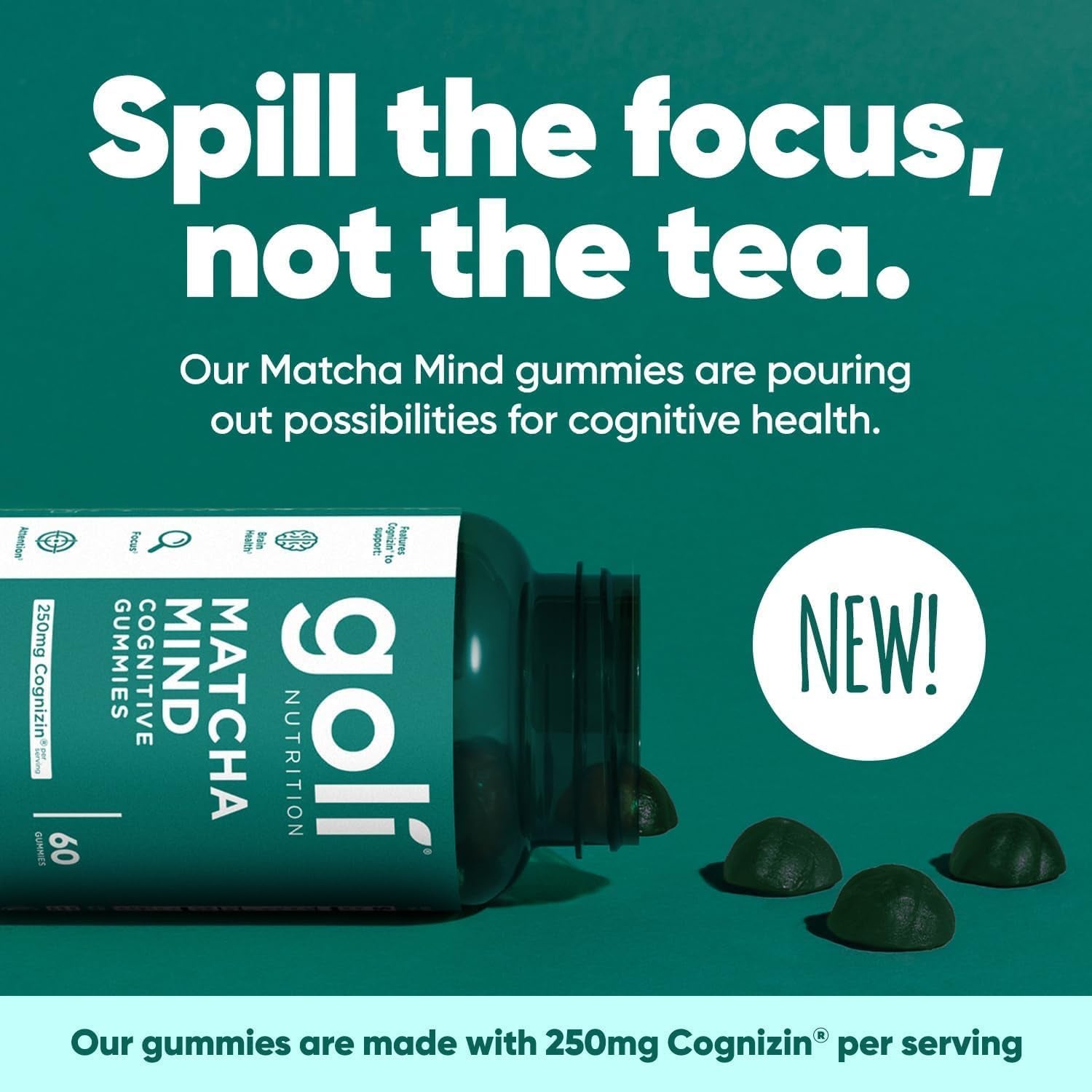 Goli Matcha Mind Cognitive Gummies 60 Gummies | Focus, Mental Clarity & Stress Support