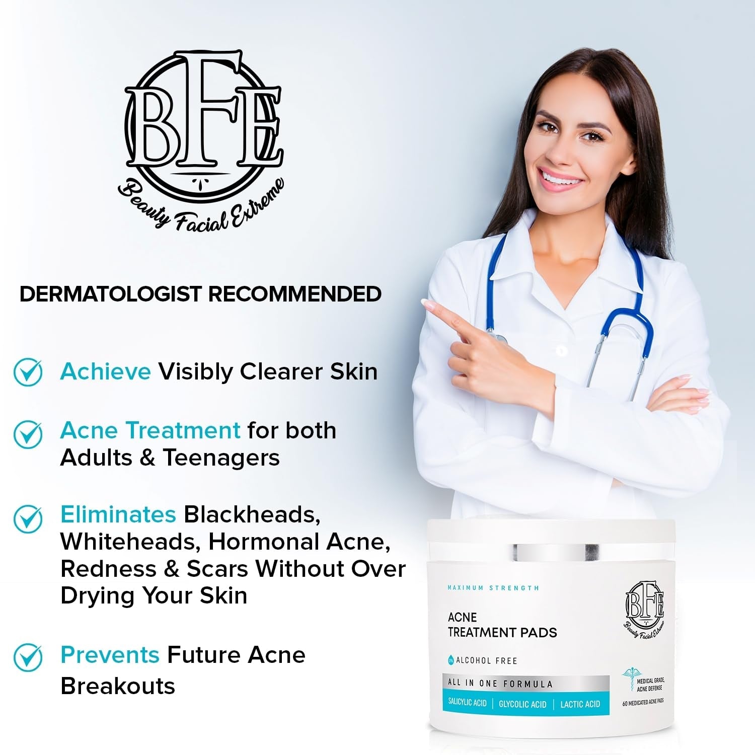 Beauty Facial Extreme Acne Treatment Pads 60 Pads | Salicylic, Glycolic & Lactic Acid Exfoliating Pads for Face & Body