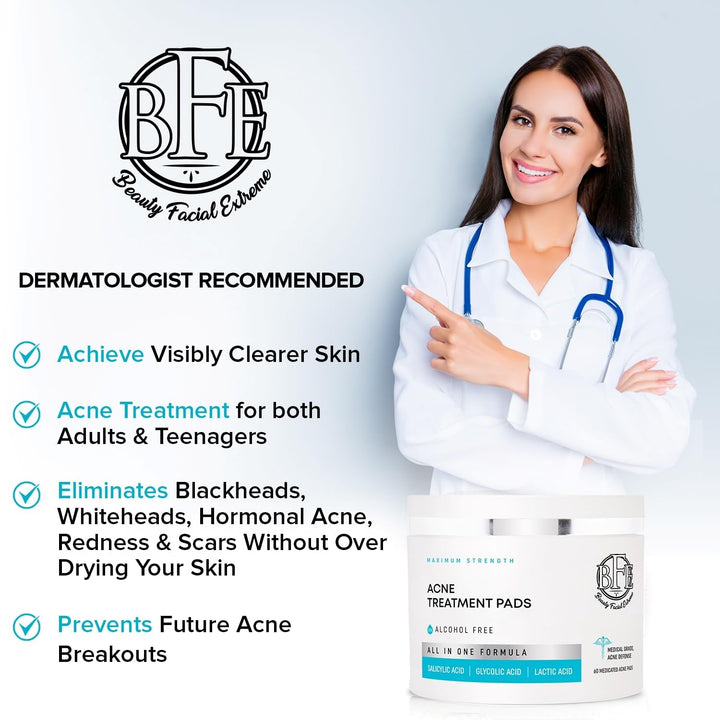Beauty Facial Extreme Acne Treatment Pads 60 Pads | Salicylic, Glycolic & Lactic Acid Exfoliating Pads for Face & Body
