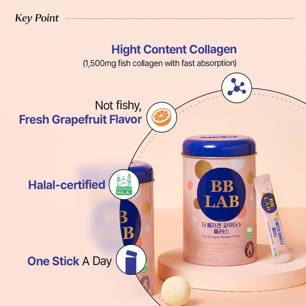 BB LAB The Collagen Powder S Plus - Grapefruit Flavor (30 Sticks) | Halal-Certified, Low-Molecular Marine Collagen for Radiant Skin