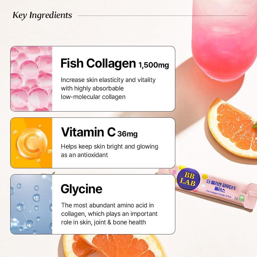 BB LAB The Collagen Powder S Plus - Grapefruit Flavor (30 Sticks) | Halal-Certified, Low-Molecular Marine Collagen for Radiant Skin