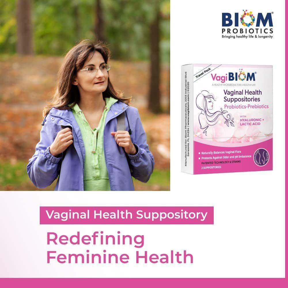 VagiBiom Vaginal Health Suppositories - 2 Suppositories (Travel Pack) | Probiotic pH Balance & Odor Control