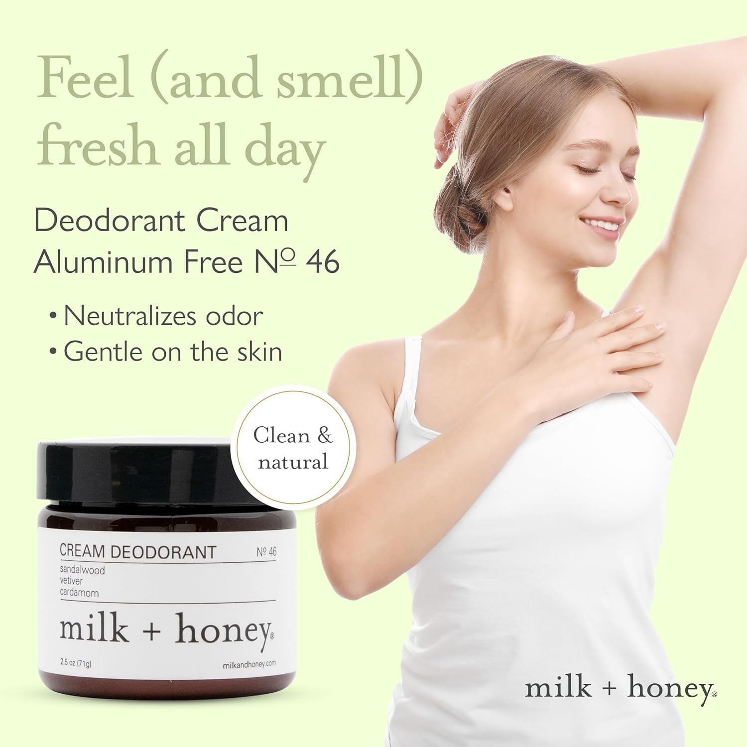 milk + honey Cream Deodorant No. 46 – 2.25 oz | A nourishing, aluminum-free cream deodorant with a warm, calming blend of sandalwood, vetiver, and cardamom.