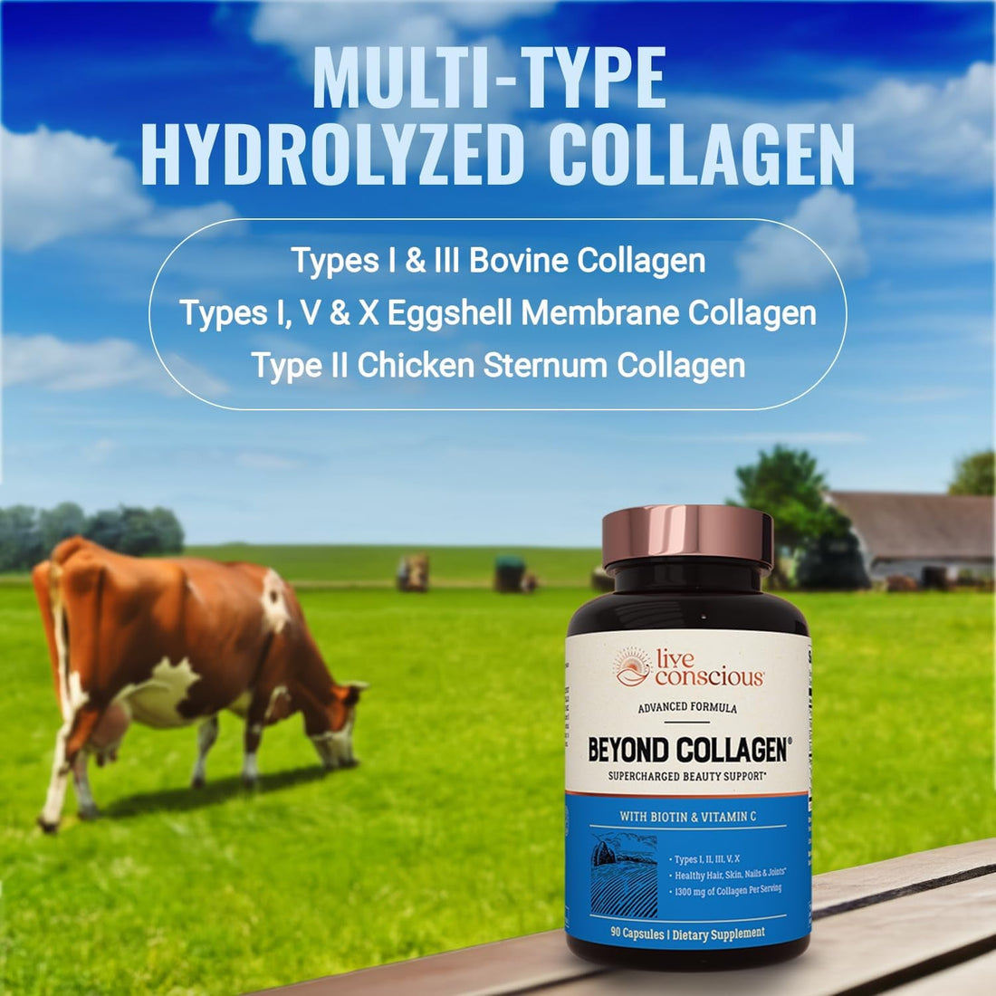 Live Conscious Beyond Collagen Supercharged 90 Capsules | 5 Collagen Types + Biotin & Vitamin C |  Unlock your most radiant beauty from within.