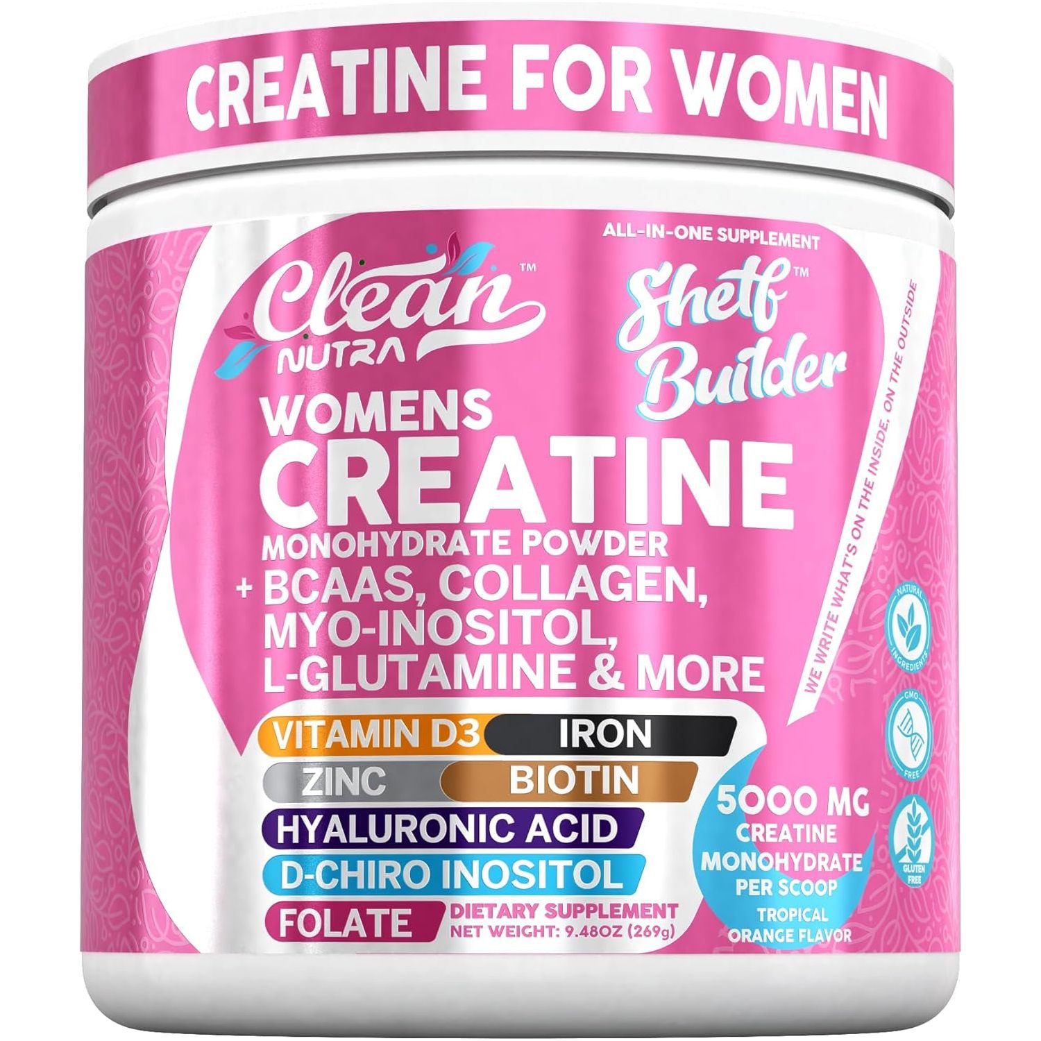 Clean Nutraceuticals Women’s Creatine – 269g | Tropical Orange With Creatine, Collagen, BCAAs, Biotin & Vitamins for Muscle, Recovery & Radiance