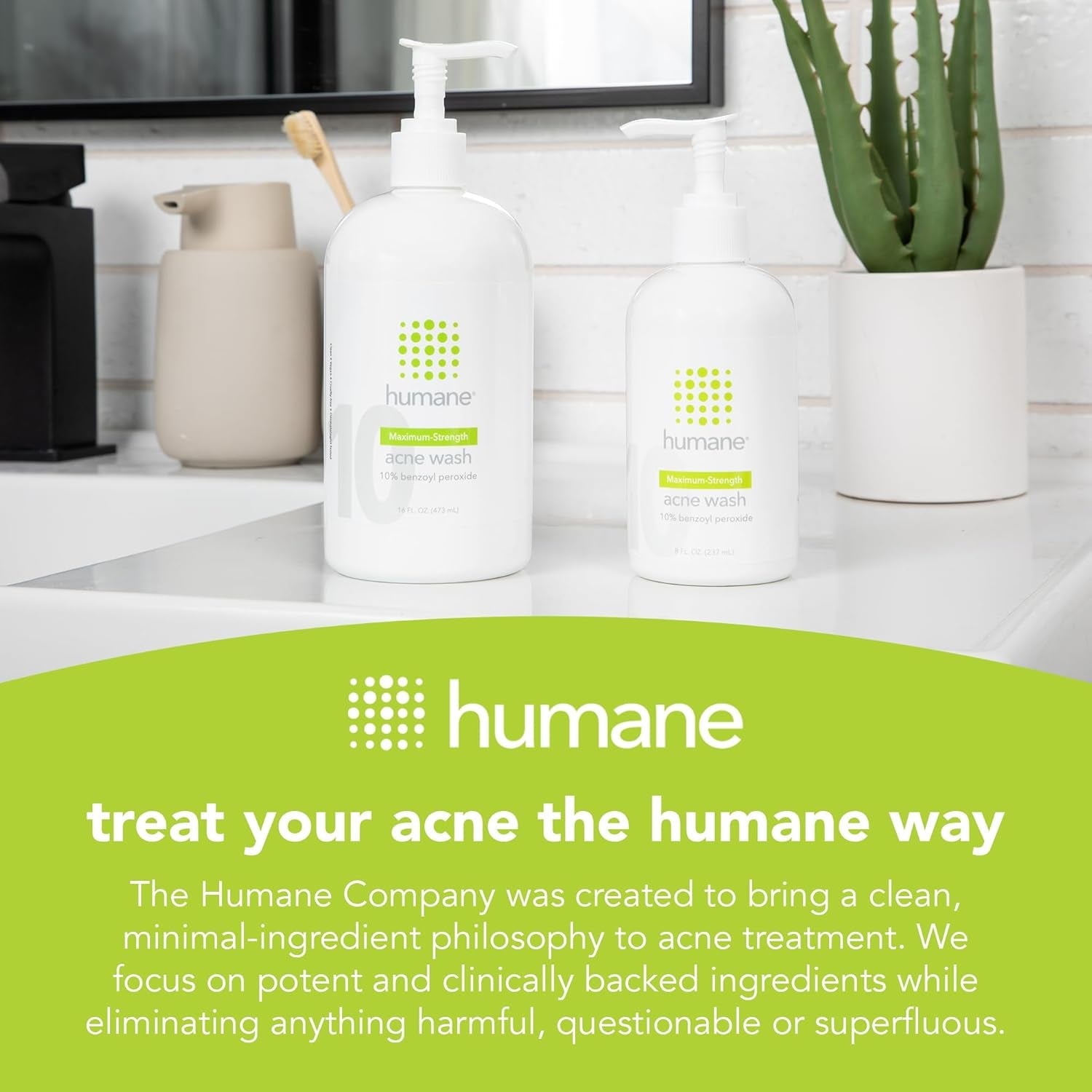Humane Maximum-Strength Acne Wash 237ml | 10% Benzoyl Peroxide Face & Body Cleanser for Stubborn Acne