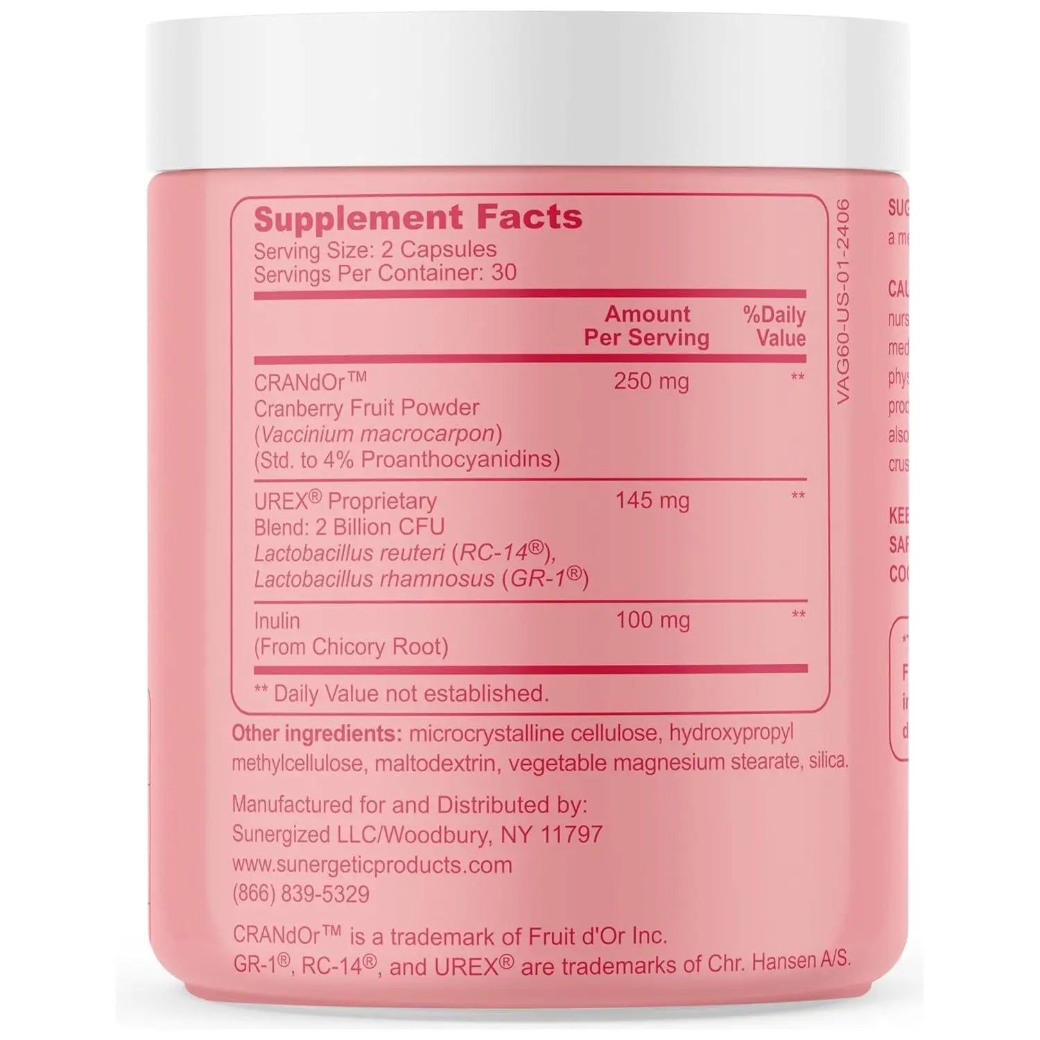 Sunergetic Vaginal Probiotic 60 Capsules | Clinically Studied UREX + Cranberry for pH Balance, Vaginal Flora & Urinary Tract Health