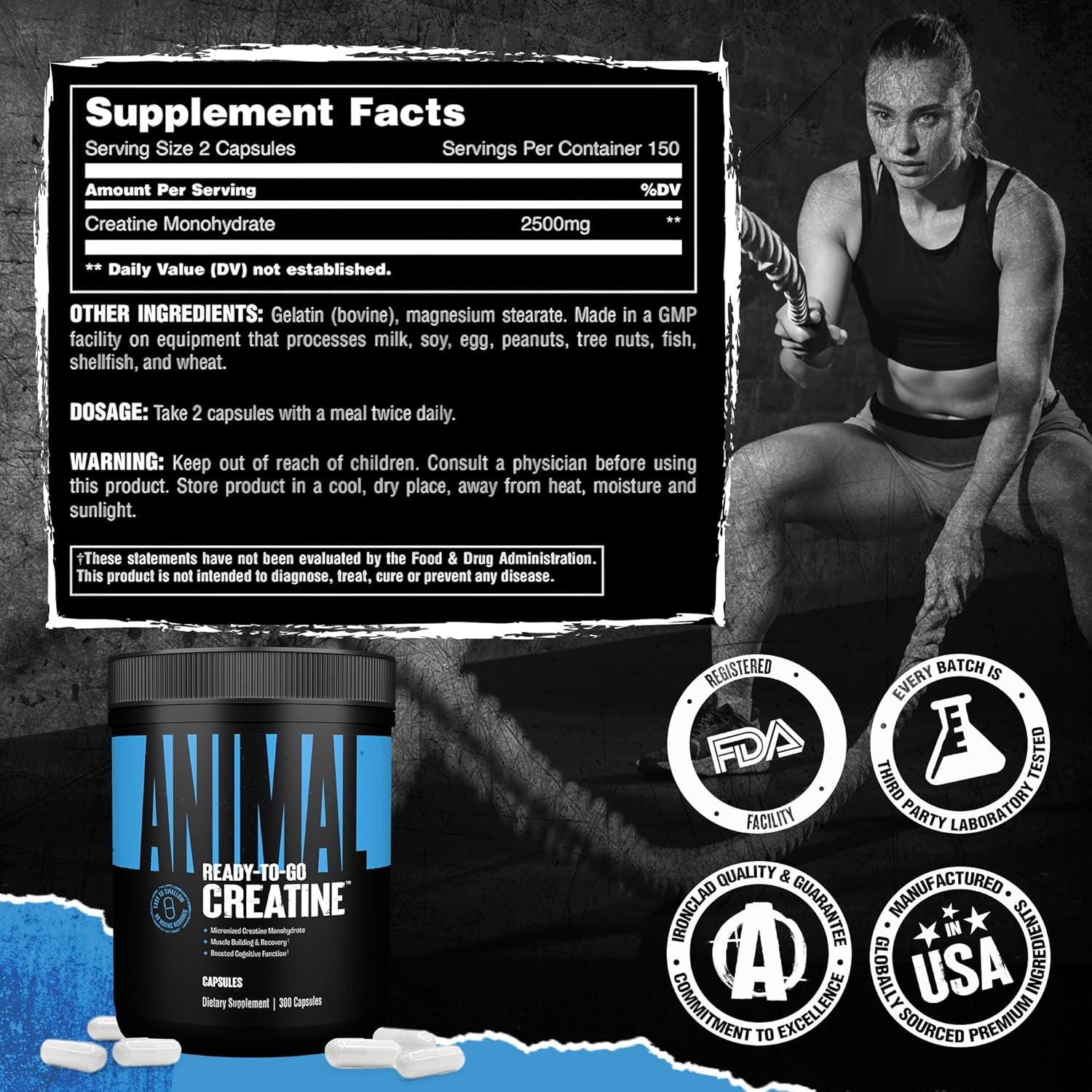 Animal Micronized Creatine Monohydrate Capsules 300 Caps | 2,500mg Per Serving for Muscle Growth & Recovery