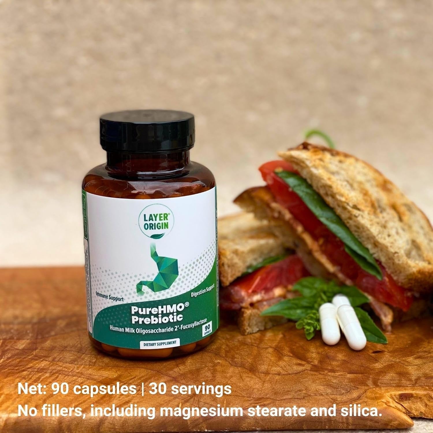 Layer Origin PureHMO Prebiotic – 90 Capsules, 30-Day Supply | Gut, Immune & Cognitive Health Support with 98% Pure 2’-FL