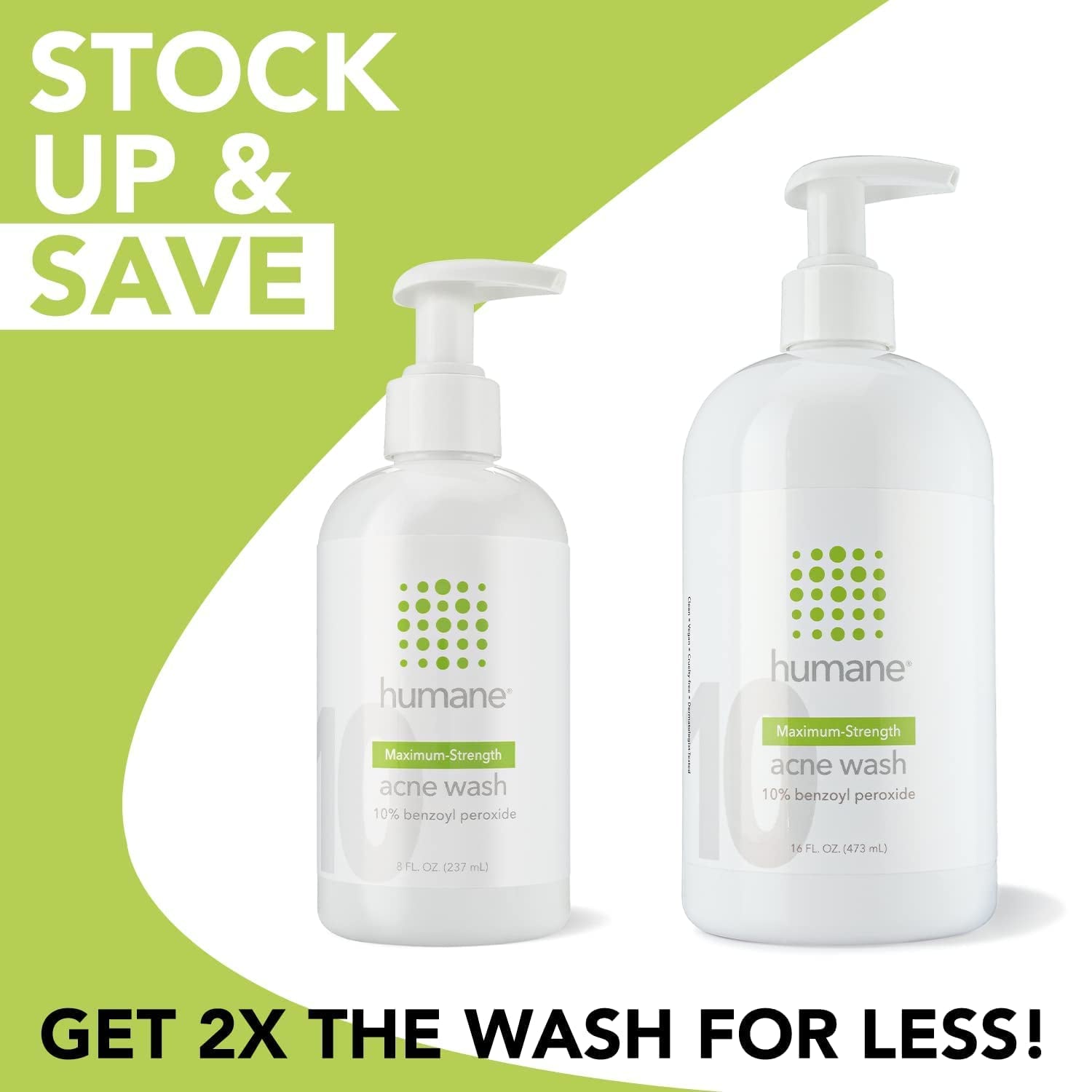 Humane Maximum-Strength Acne Wash 473ml | 10% Benzoyl Peroxide Body & Face Cleanser for Stubborn Acne