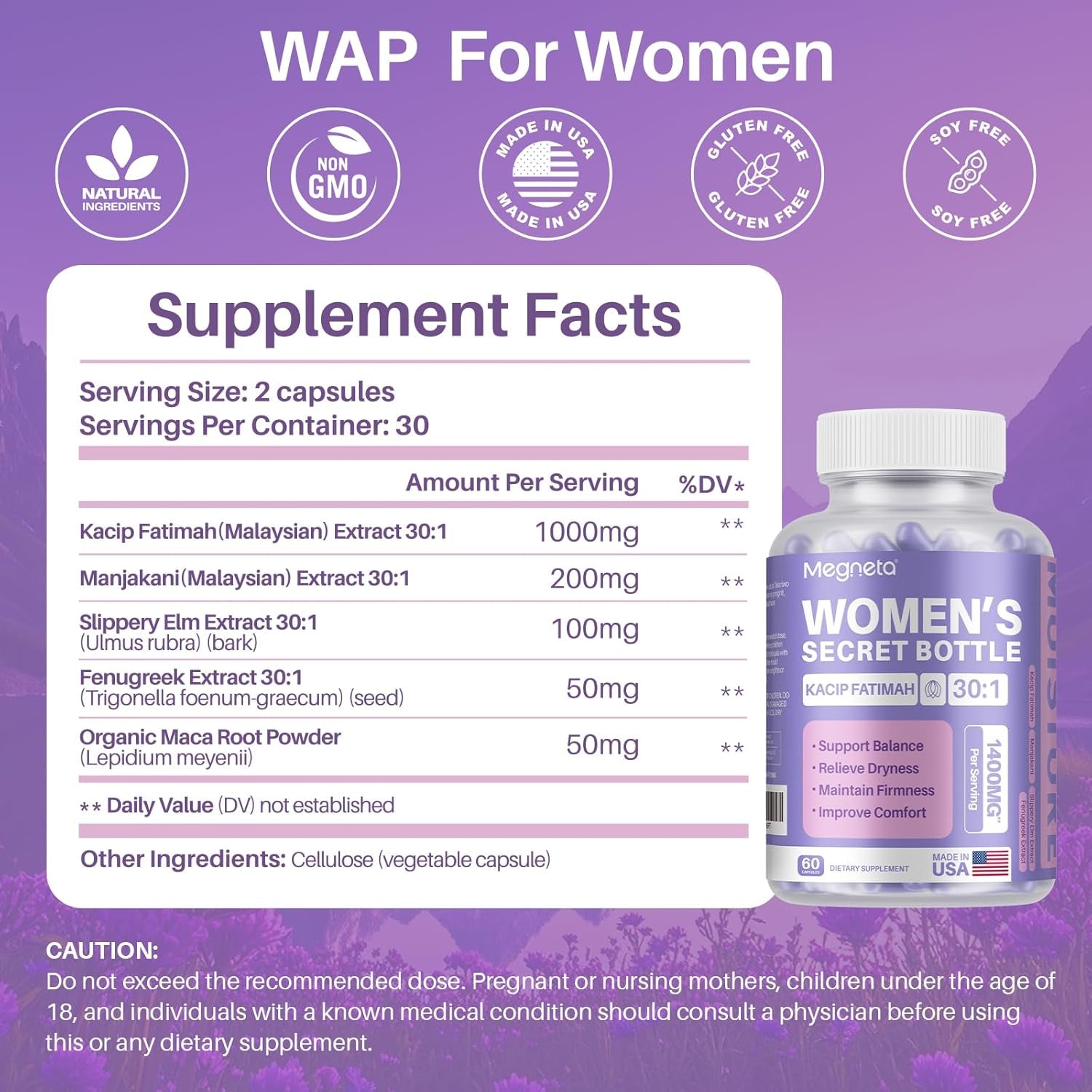 MEGNETA Vaginal Moisturizer  60 Capsules | Kacip Fatimah, Manjakani & Slippery Elm for Intimate Health & Moisture