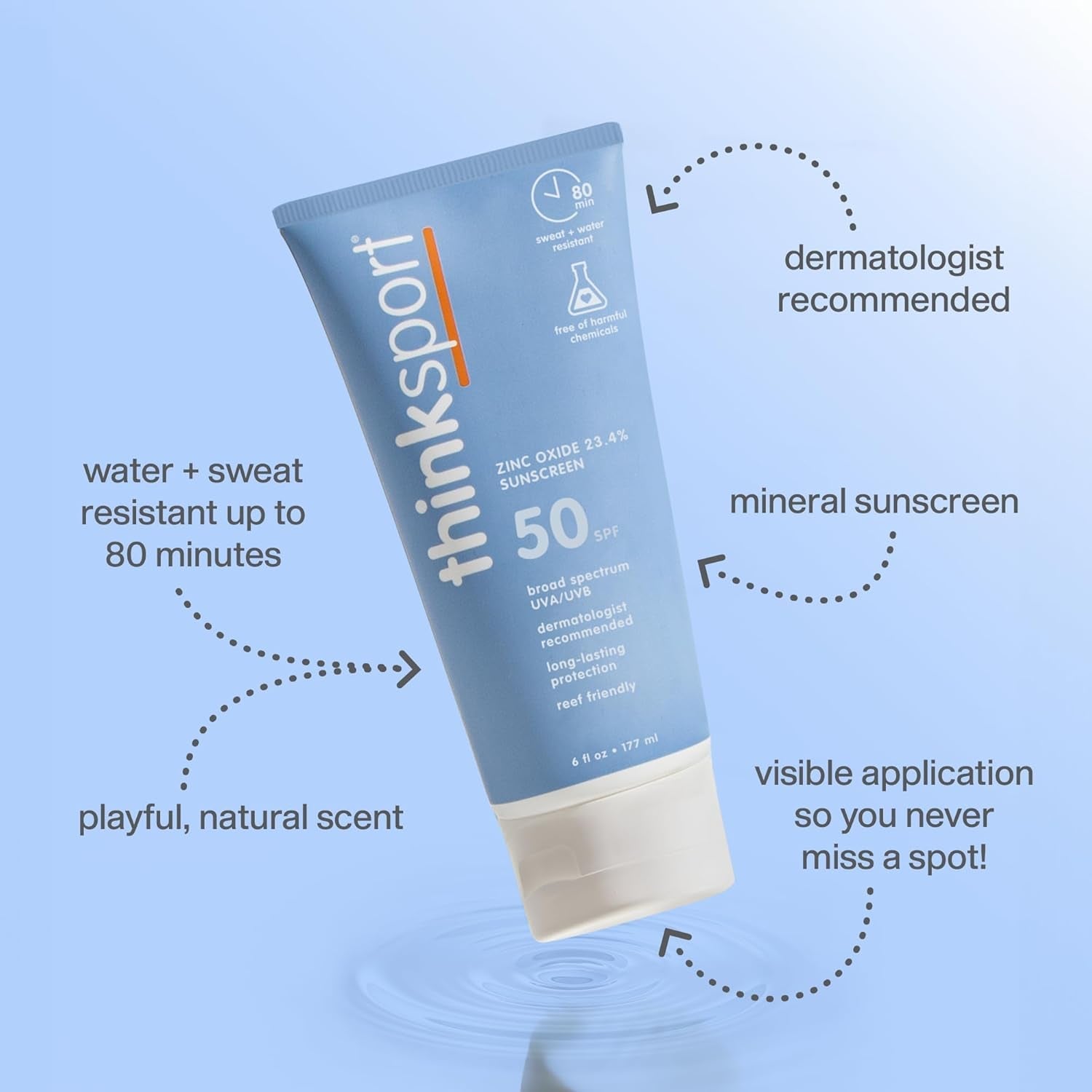 Thinksport Zinc Oxide Sunscreen SPF 50 177ml | Broad Spectrum, Reef-Safe Mineral Protection for Active Lifestyles