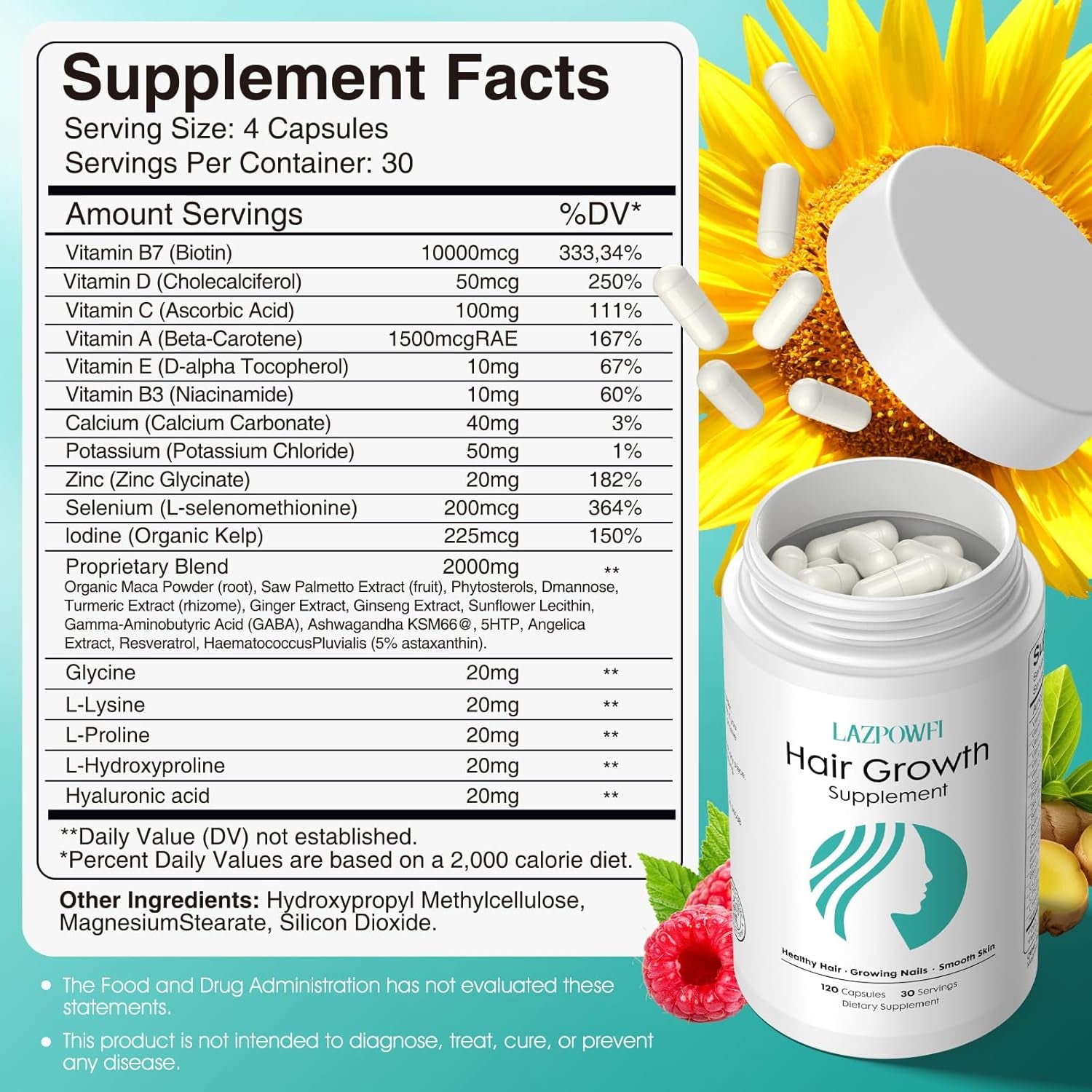 Lazpowfi Hair Growth Supplement 120 Capsules 30-in-1 Advanced Formula for Thicker, Healthier Hair